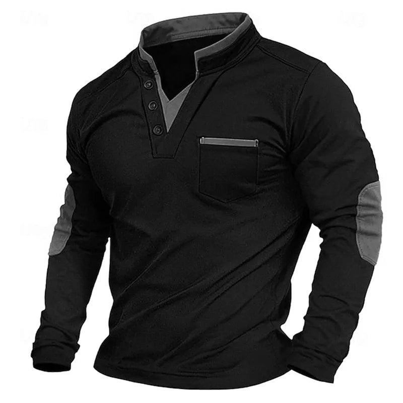 Herren-Pullover mit V-Ausschnitt – Ellbogenpatches – Knopfleiste am Kragen – Sweatshirt – Herrenbekleidung-Grau-S-Chaps Herrenmode