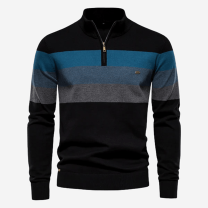 Herren-Pullover mit Viertelreißverschluss | Gestreift | Gestrickt | Pullover mit Viertelreißverschluss | Herren-Pullover mit halbem Reißverschluss-Schwarz-S-Chaps Herrenmode