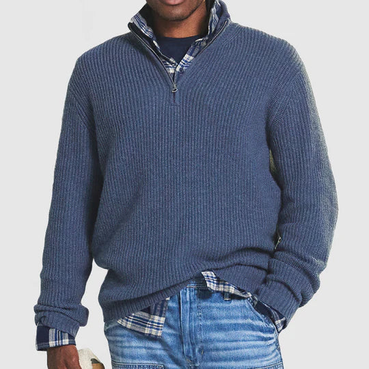 Herren-Pullover mit Viertelreißverschluss | Warm | Reguläre Passform | Strickpullover | Herren-Pullover mit halbem Reißverschluss-Blau-S-Chaps Herrenmode