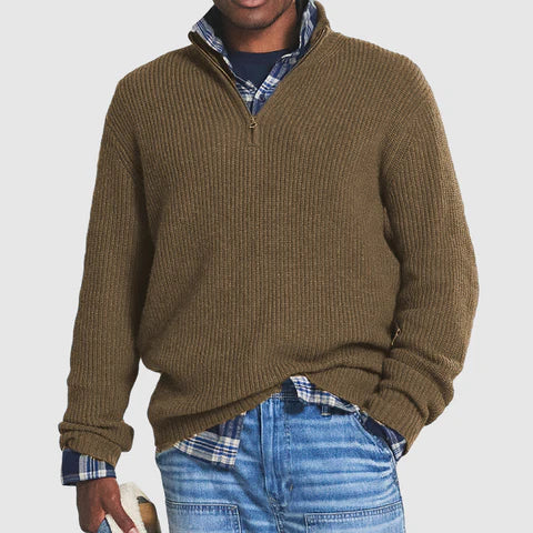 Herren-Pullover mit Viertelreißverschluss | Warm | Reguläre Passform | Strickpullover | Herren-Pullover mit halbem Reißverschluss-Braun-S-Chaps Herrenmode