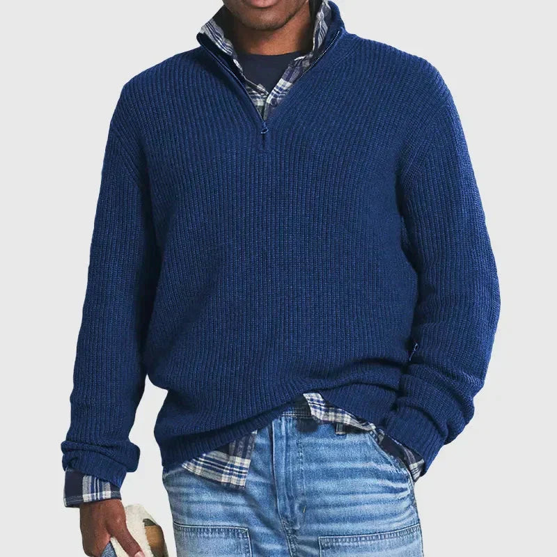 Herren-Pullover mit Viertelreißverschluss | Warm | Reguläre Passform | Strickpullover | Herren-Pullover mit halbem Reißverschluss-Dunkelblau-S-Chaps Herrenmode