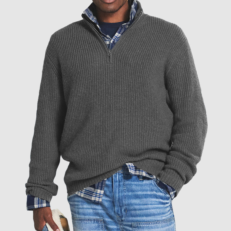 Herren-Pullover mit Viertelreißverschluss | Warm | Reguläre Passform | Strickpullover | Herren-Pullover mit halbem Reißverschluss-Grau-S-Chaps Herrenmode