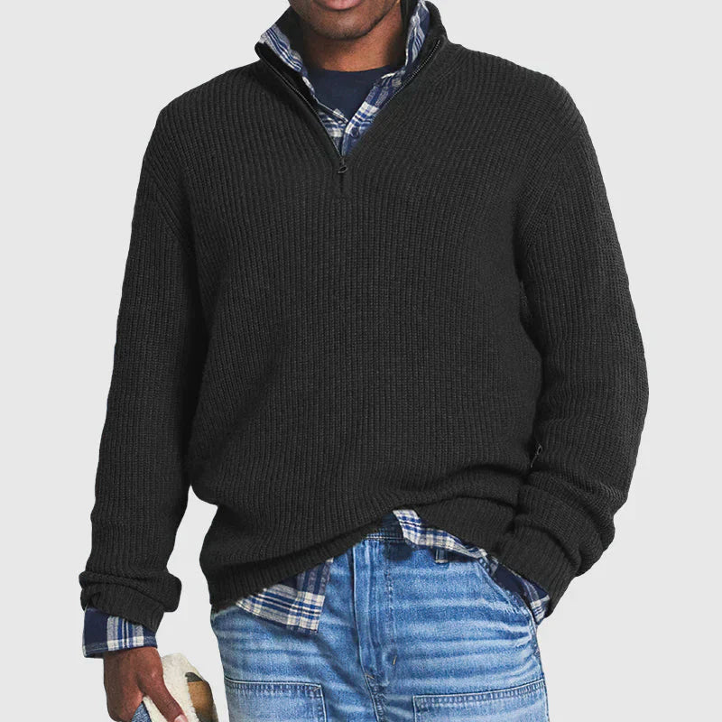 Herren-Pullover mit Viertelreißverschluss | Warm | Reguläre Passform | Strickpullover | Herren-Pullover mit halbem Reißverschluss-Schwarz-S-Chaps Herrenmode