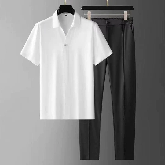 Herren-Set | T-Shirt | Lockere Hose | Zweiteiliges Set | Herrenbekleidung-Weiß-XS-Chaps Herrenmode