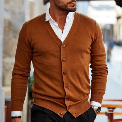 Herren-Strickjacke – V-Ausschnitt – Langarm – Strickjacke – Strickjacke mit Knöpfen-Dunkelbraun-S-Chaps Herrenmode