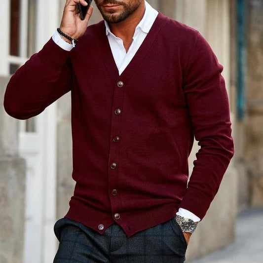 Herren-Strickjacke – V-Ausschnitt – Langarm – Strickjacke – Strickjacke mit Knöpfen-Dunkelrot-S-Chaps Herrenmode