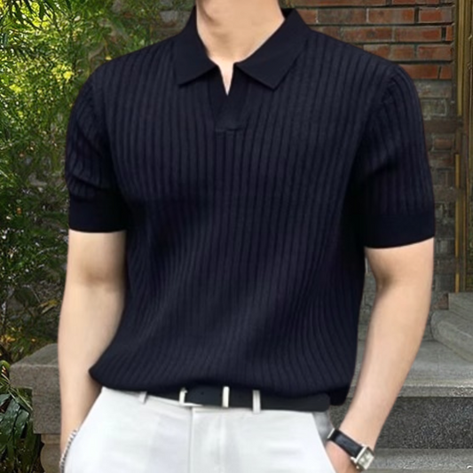 Herren-Strickpolo – Kurzarm – V-Ausschnitt – Poloshirt – Polopullover-Schwarz-S-Chaps Herrenmode