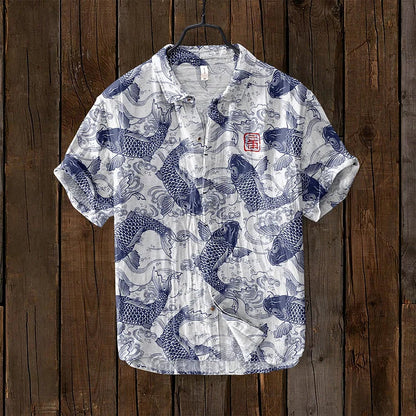 Herren-T-Shirt | Geknöpft | Bedruckt | Kurzarm-Shirt | Herren-Shirts-Blau-S-Chaps Herrenmode