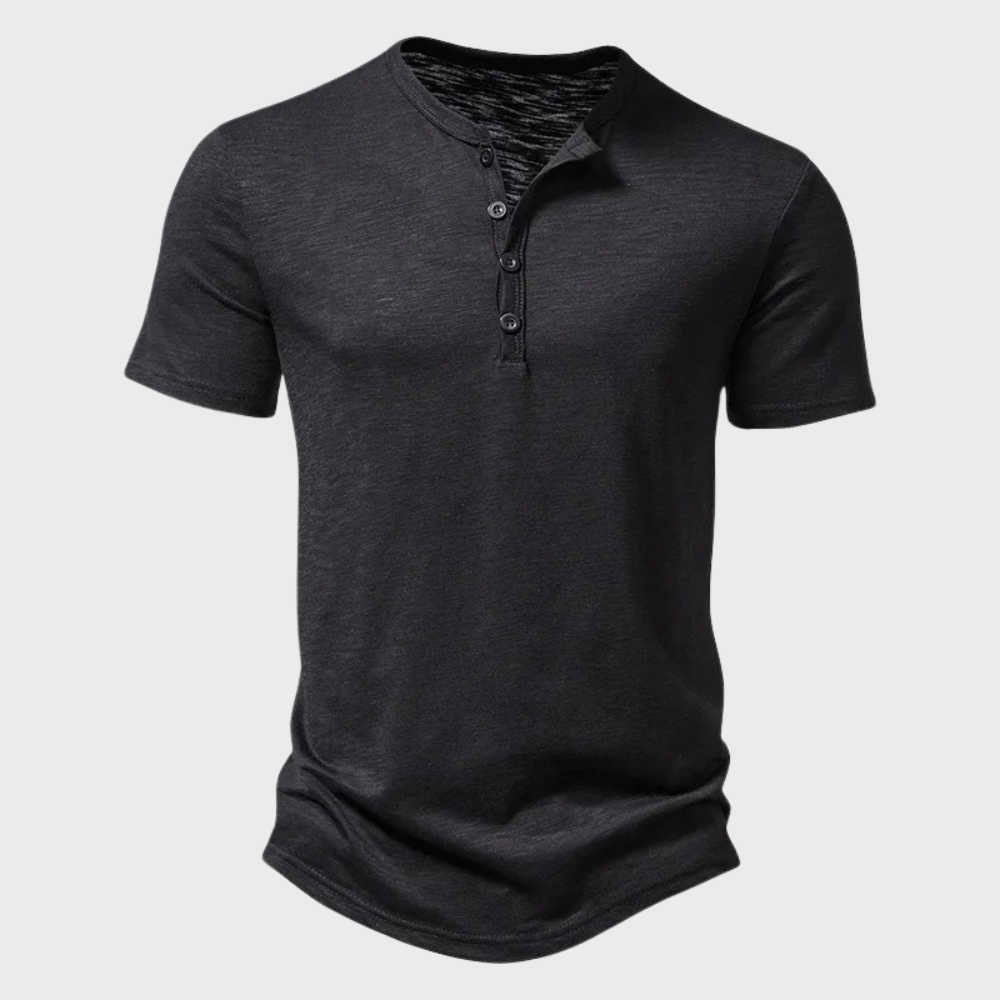 Herren T-Shirt - Knopfleiste - Leichtgewicht - Schlichtes T-Shirt - Herrenbekleidung-Schwarz-S-Chaps Herrenmode