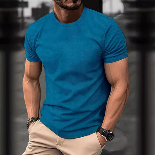 Herren-T-Shirt – Kurzarm – Reguläre Passform – Waffel-Shirt – Rundhals-T-Shirt-Blau-S-Chaps Herrenmode