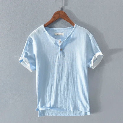 Herren-T-Shirt - Leichtes Kurzarm-T-Shirt aus Baumwolle und Leinen-Himmelblau-S-Chaps Herrenmode