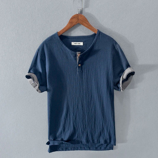 Herren-T-Shirt - Leichtes Kurzarm-T-Shirt aus Baumwolle und Leinen-Marineblau-S-Chaps Herrenmode