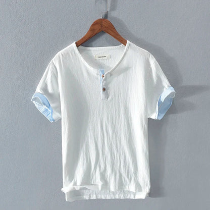Herren-T-Shirt - Leichtes Kurzarm-T-Shirt aus Baumwolle und Leinen-Weiß-S-Chaps Herrenmode