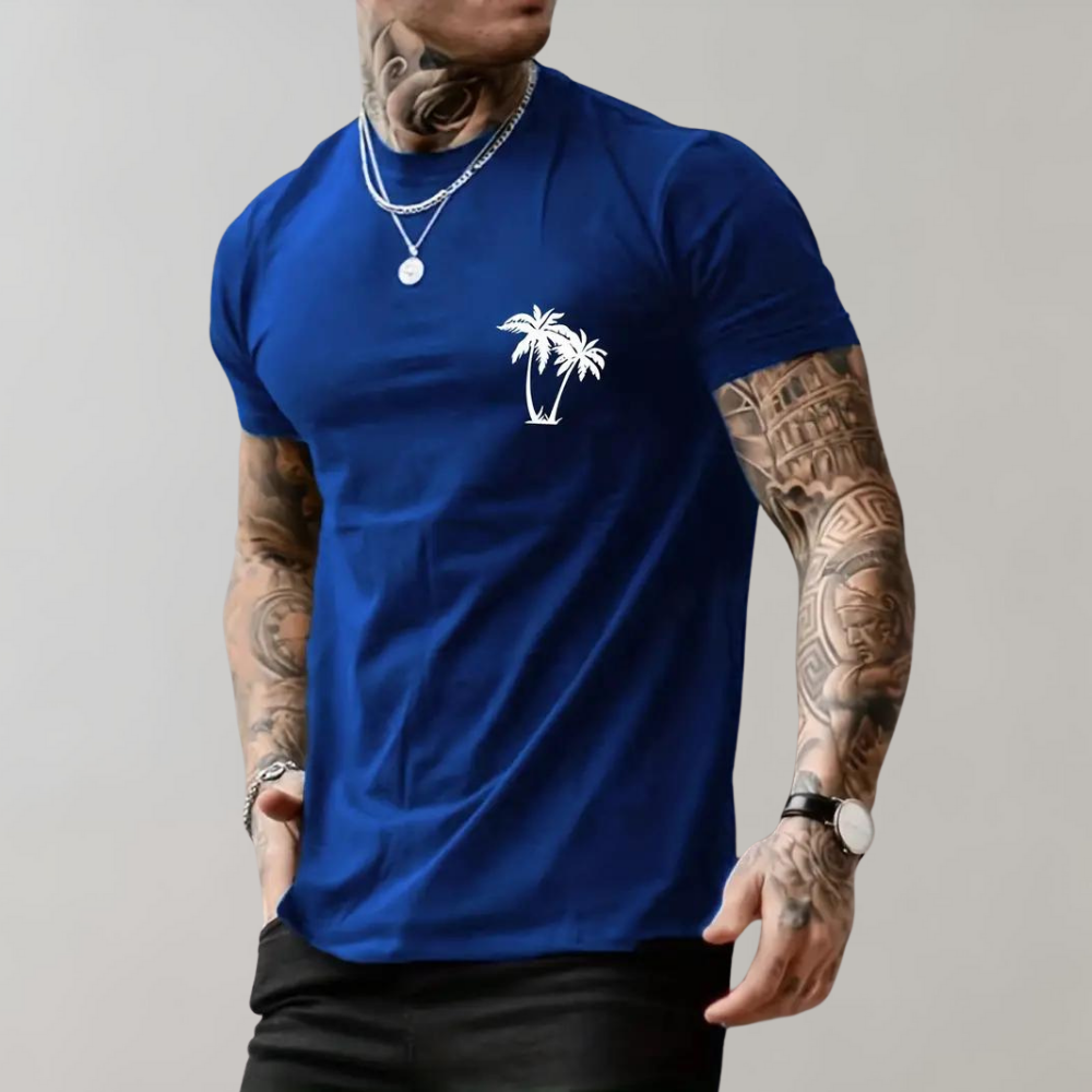 Herren-T-Shirt | Palme | Kurzarm | Rundhalsausschnitt | Sommerkleidung für Männer-Königsblau-S-Chaps Herrenmode