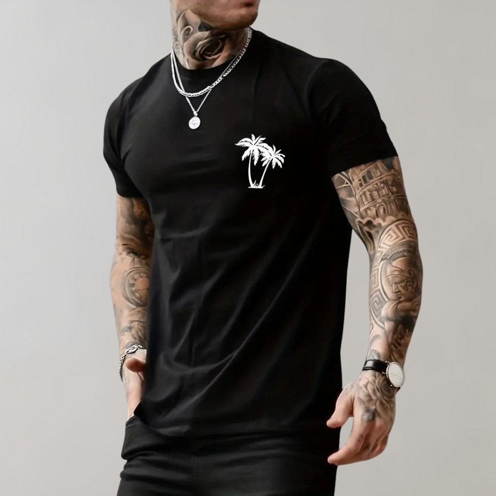 Herren-T-Shirt | Palme | Kurzarm | Rundhalsausschnitt | Sommerkleidung für Männer-Schwarz-S-Chaps Herrenmode