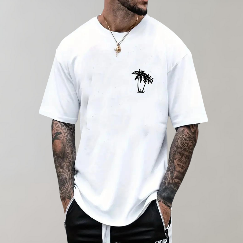 Herren-T-Shirt | Palme | Kurzarm | Rundhalsausschnitt | Sommerkleidung für Männer-Weiß-S-Chaps Herrenmode
