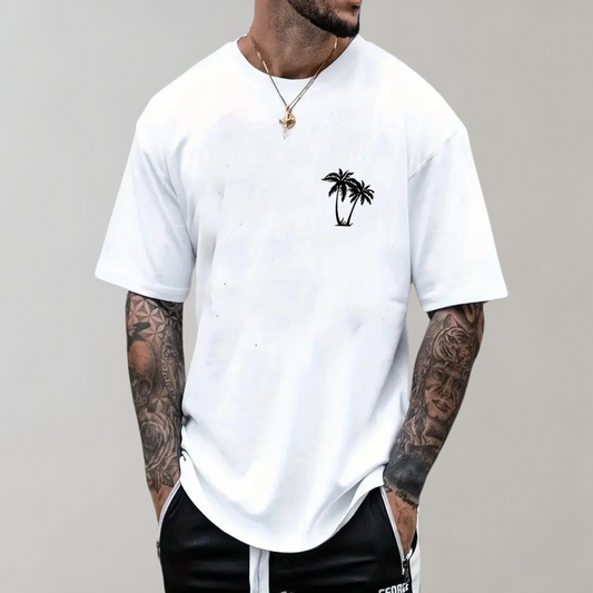 Herren-T-Shirt | Palme | Kurzarm | Rundhalsausschnitt | Sommerkleidung für Männer-Weiß-S-Chaps Herrenmode