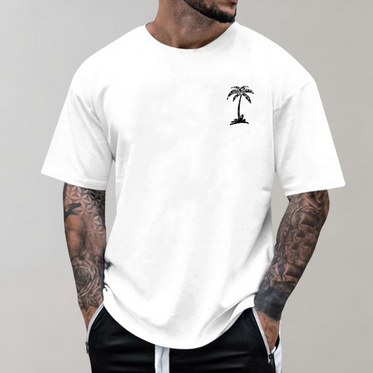 Herren T-Shirt - Palmenprint - Relaxed Fit - T-Shirt mit Rundhalsausschnitt - Herrenbekleidung-Weiß-S-Chaps Herrenmode
