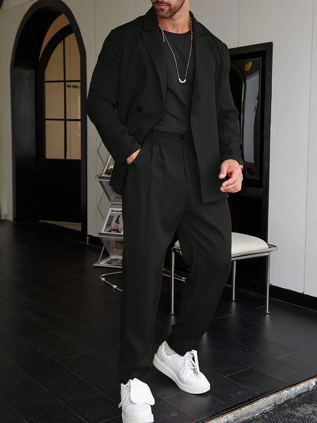 Herrenanzug | Relaxed Fit | Bundfaltenhosen | Blazer und Hosenset | Zweiteiliges Set für Herren-Schwarz-XS-Chaps Herrenmode