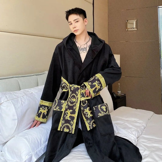 Herrenbademantel – mit Kapuze – aus Samt – Luxusbademantel – Bademantel mit Handtuch-Schwarz-Chaps Herrenmode