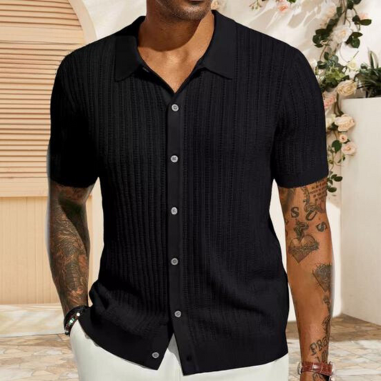 Herrenhemd - Gestrickt - Kurzarm - Sweater T-Shirt - Button-Up Shirt-Schwarz-S-Chaps Herrenmode