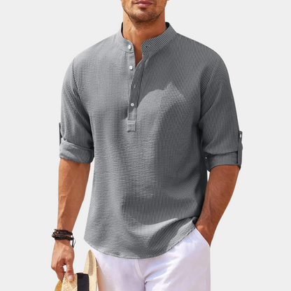 Herrenhemd - Halber Knopf - Leichtgewicht - Langarmhemd - Sommerhemd-Grau-S-Chaps Herrenmode