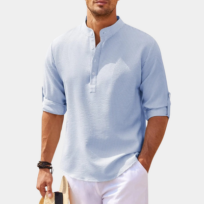 Herrenhemd - Halber Knopf - Leichtgewicht - Langarmhemd - Sommerhemd-Hellblau-S-Chaps Herrenmode