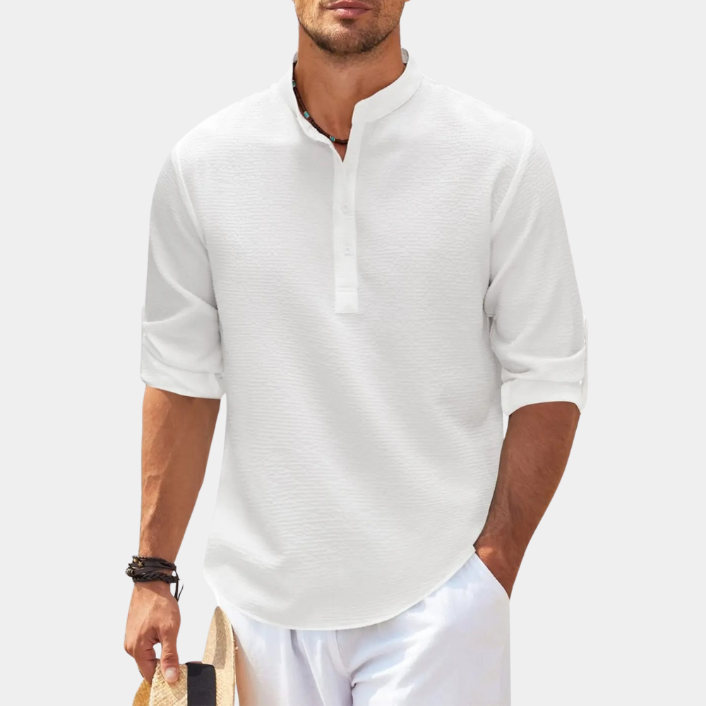 Herrenhemd - Halber Knopf - Leichtgewicht - Langarmhemd - Sommerhemd-Weiß-S-Chaps Herrenmode