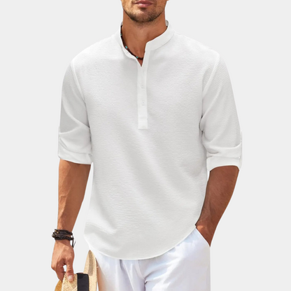 Herrenhemd - Halber Knopf - Leichtgewicht - Langarmhemd - Sommerhemd-Weiß-S-Chaps Herrenmode