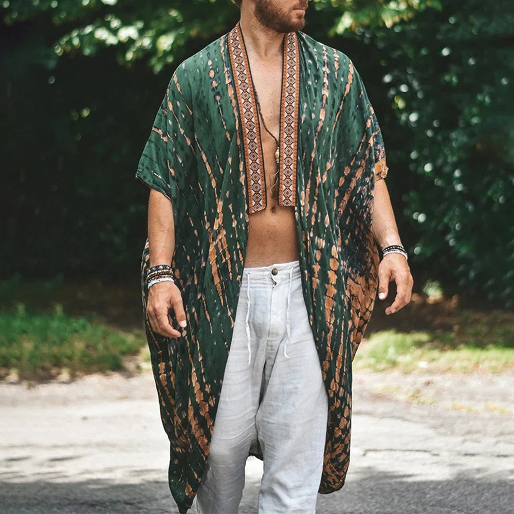 Herrenhemd | Lang | Offene Vorderseite | Boho Hemd | Herren Sommerkleidung-Armeegrün-M-Chaps Herrenmode