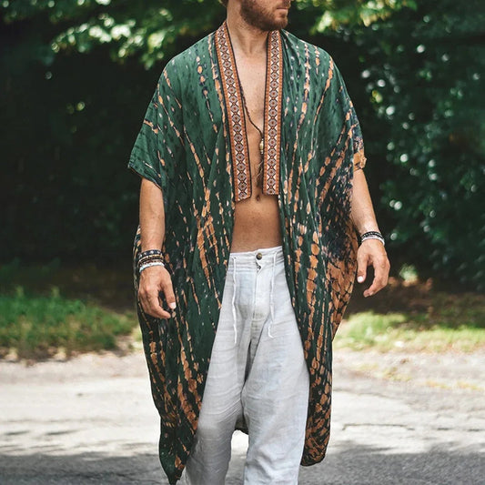 Herrenhemd | Lang | Offene Vorderseite | Boho Hemd | Herren Sommerkleidung-Armeegrün-M-Chaps Herrenmode