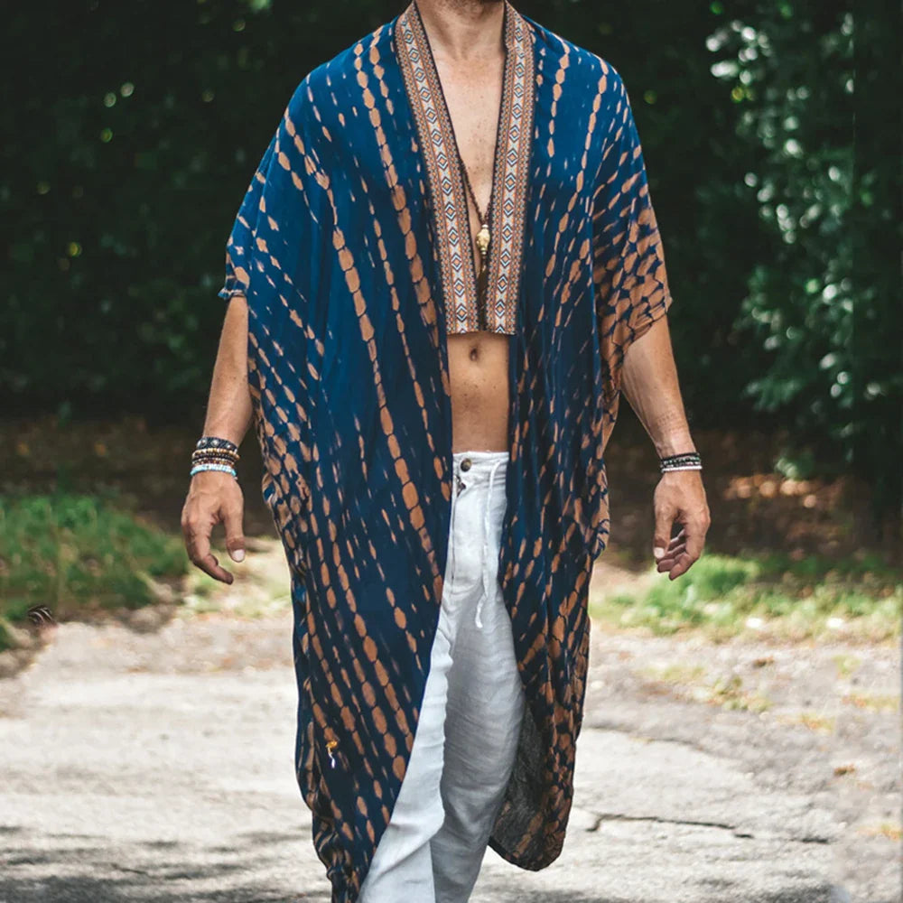 Herrenhemd | Lang | Offene Vorderseite | Boho Hemd | Herren Sommerkleidung-Blau-M-Chaps Herrenmode