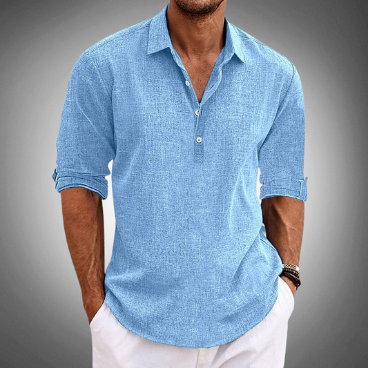 Herrenhemd – halbe Knopfleiste – langärmlig – Freizeithemd – Polohemd-Blau-S-Chaps Herrenmode