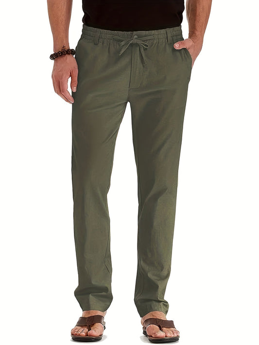 Herrenhosen | Elastische Taille | Baumwolle | Leinenhosen | Slim Fit Chinos-Armeegrün-S-Chaps Herrenmode