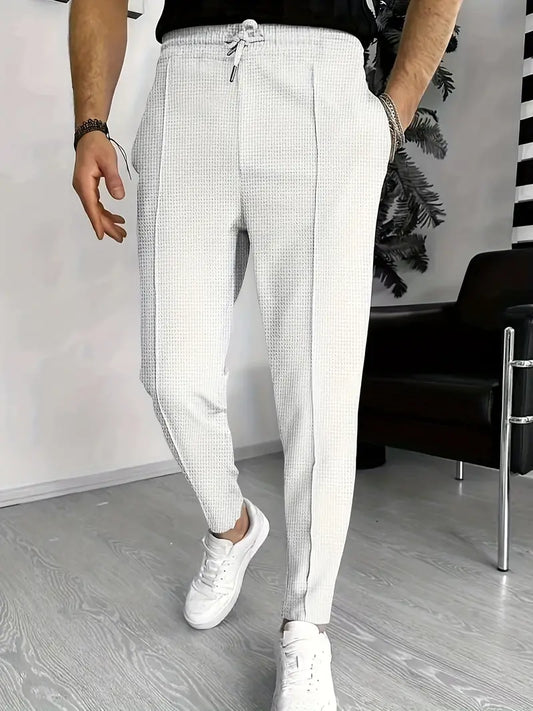 Herrenhosen - Elastischer Bund - Kordelzug - Slim Fit Jogger - Waffelhosen-Weiß-S-Chaps Herrenmode