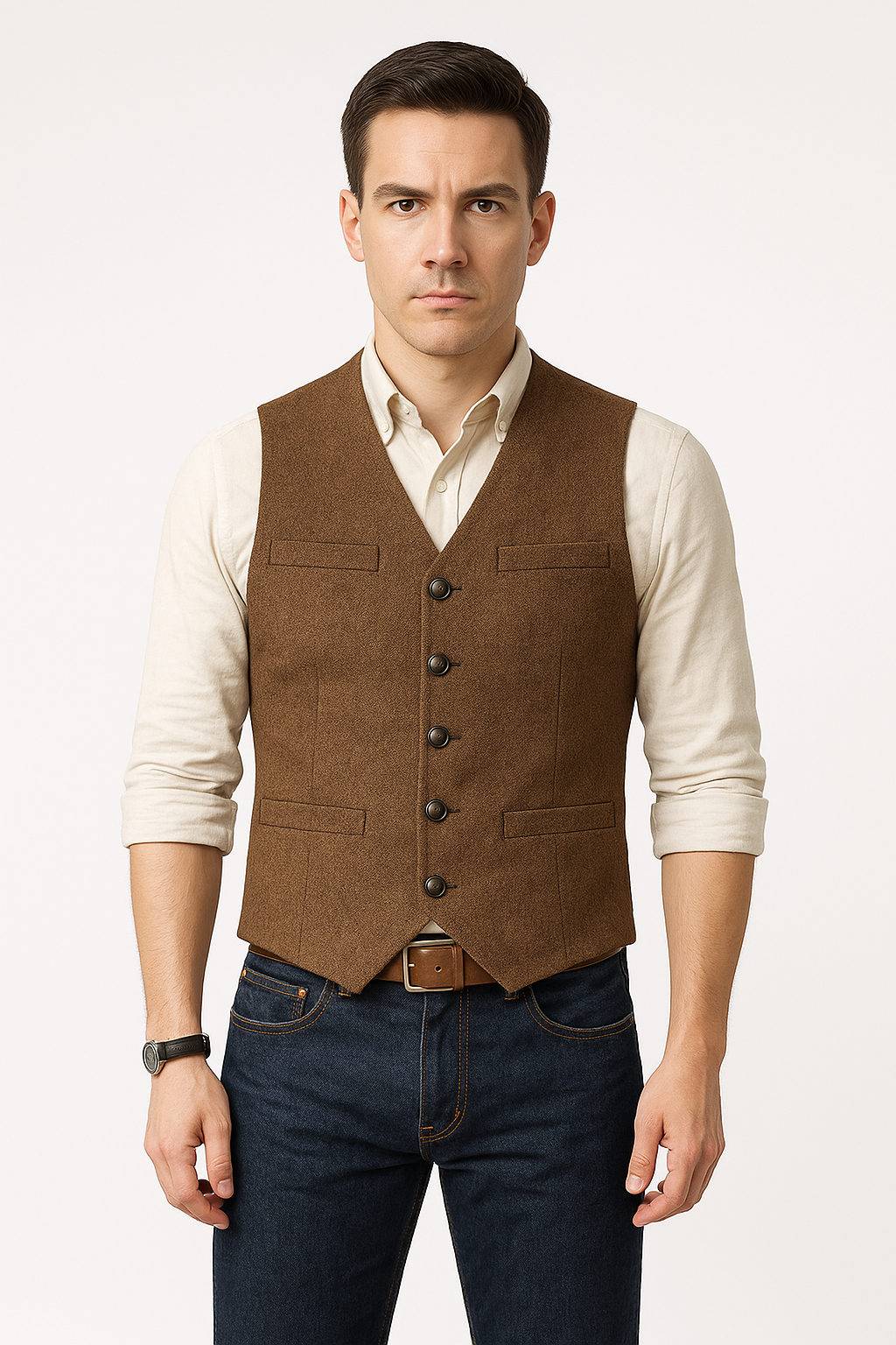 Herrenweste | Ärmellos | Einreihig | Blazerweste | Herrenweste-Braun-XS-Chaps Herrenmode