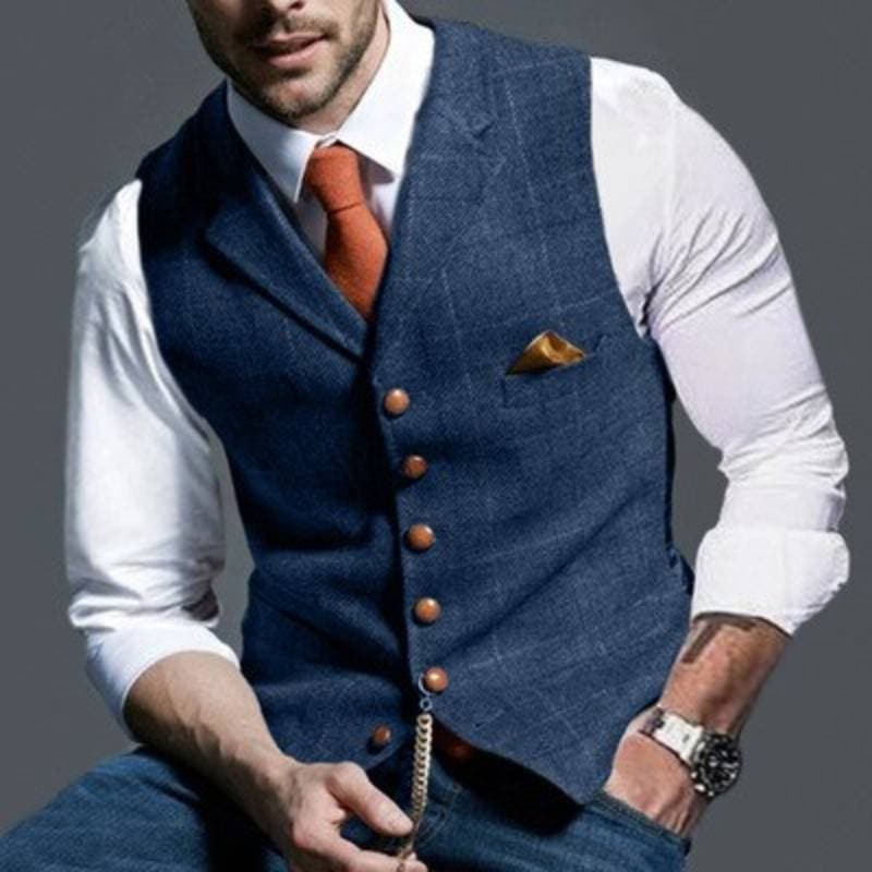 Herrenweste - Einreihig - Ärmellos - Tweedweste - Karierte Weste-Blau-S-Chaps Herrenmode