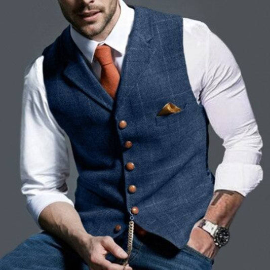 Herrenweste - Einreihig - Ärmellos - Tweedweste - Karierte Weste-Blau-S-Chaps Herrenmode