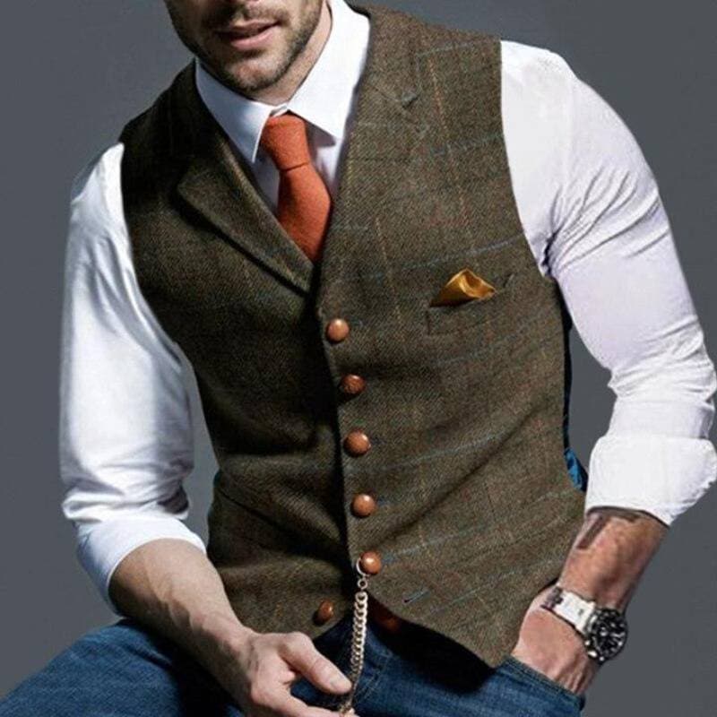 Herrenweste - Einreihig - Ärmellos - Tweedweste - Karierte Weste-Braun-S-Chaps Herrenmode