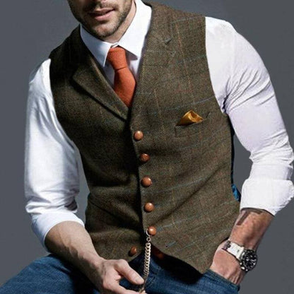 Herrenweste - Einreihig - Ärmellos - Tweedweste - Karierte Weste-Braun-S-Chaps Herrenmode