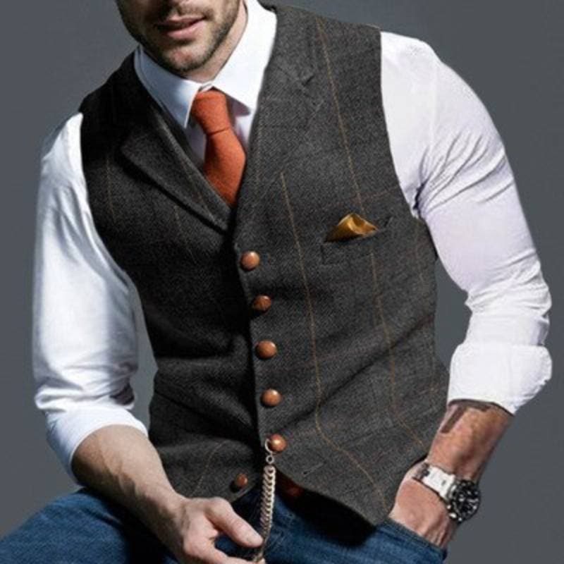 Herrenweste - Einreihig - Ärmellos - Tweedweste - Karierte Weste-Dunkelgrau-S-Chaps Herrenmode