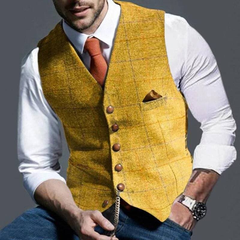 Herrenweste - Einreihig - Ärmellos - Tweedweste - Karierte Weste-Gelb-S-Chaps Herrenmode