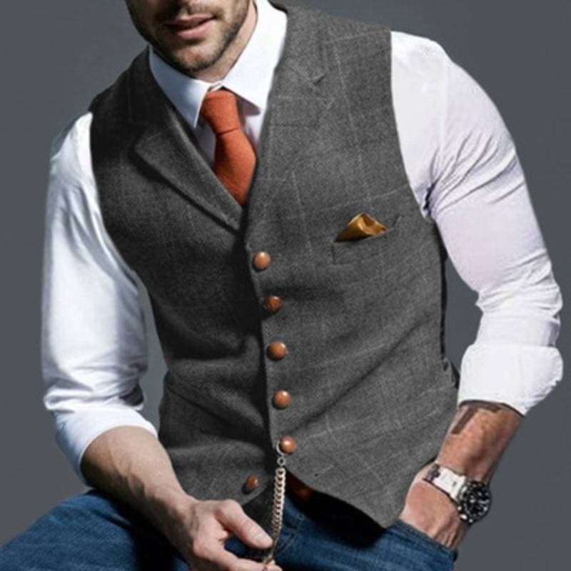 Herrenweste - Einreihig - Ärmellos - Tweedweste - Karierte Weste-Grau-S-Chaps Herrenmode