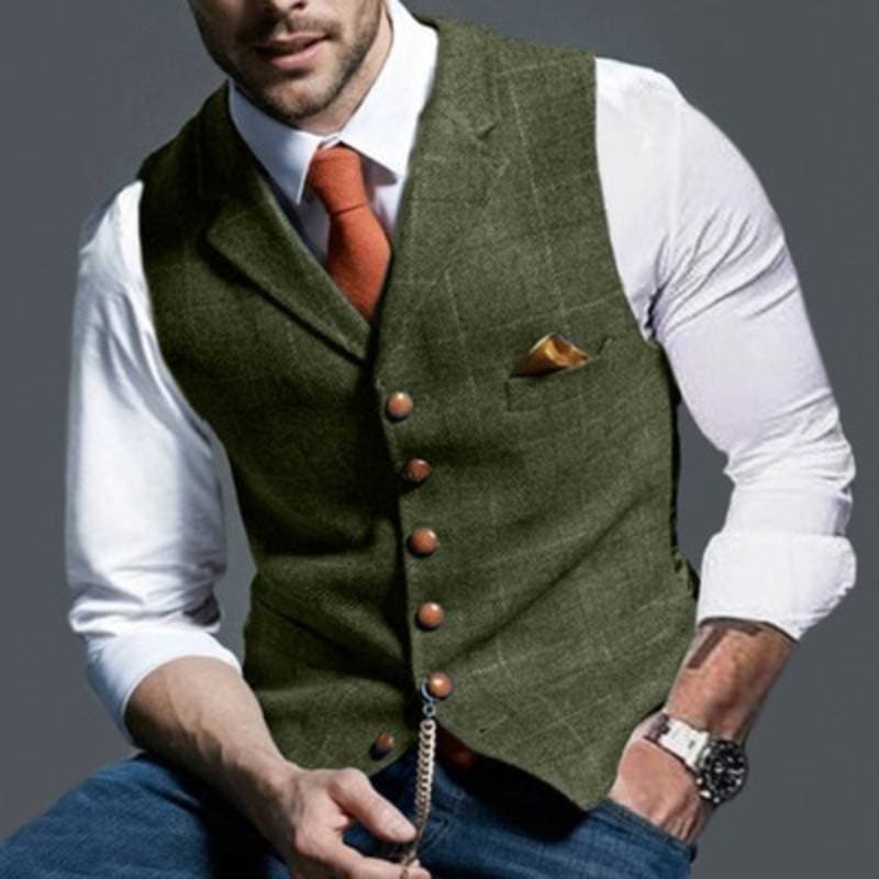 Herrenweste - Einreihig - Ärmellos - Tweedweste - Karierte Weste-Grün-S-Chaps Herrenmode