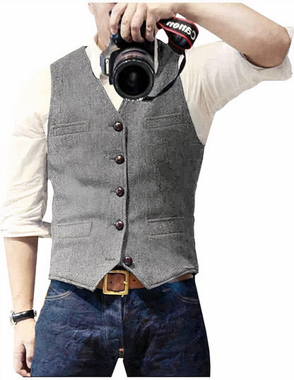 Herrenweste | Einreihig | Mode | Ärmellose Weste | Anzugsweste-Grau-XS-Chaps Herrenmode