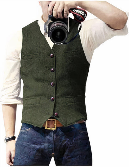 Herrenweste | Einreihig | Mode | Ärmellose Weste | Anzugsweste-Grün-XS-Chaps Herrenmode