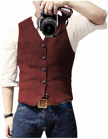 Herrenweste | Einreihig | Mode | Ärmellose Weste | Anzugsweste-Rot-XS-Chaps Herrenmode