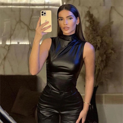 Hochgeschlossenes Top | Chic | Ärmellos | Leder Top | Party Top-Schwarz-S-Chaps Herrenmode