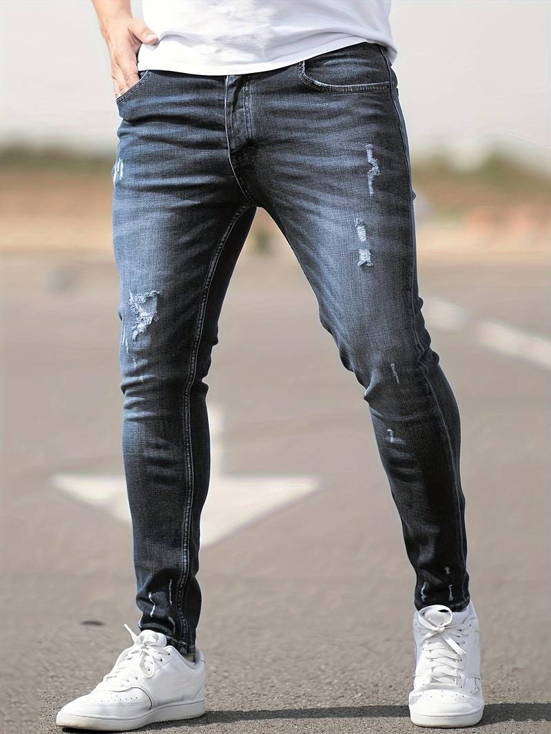 Jeans - Herren Zerrissen Dehnen chlank Passform Jeans-Grau-XS-Chaps Herrenmode