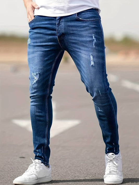Jeans - Herren Zerrissen Dehnen chlank Passform Jeans-Königsblau-XS-Chaps Herrenmode